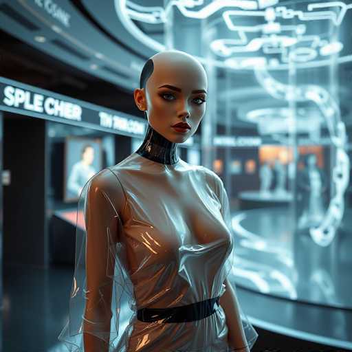 The image depicts a futuristic, possibly AI-generated scene set in a sleek, modern building. The background features a large, illuminated glass structure with intricate white lines, giving it a high-tech appearance. To the left, there is a black sign with white lettering that reads "SPLICE CHER," accompanied by a picture of a person. The floor is a dark gray, adding to the contemporary ambiance.

In the foreground stands a striking female figure. She is bald, with a distinctive black patch on the left side of her head. Her neck is entirely black, contrasting sharply with her fair skin. She has dark eyebrows and wears bold red lipstick. Her attire is a sheer, plastic-like dress that reveals her chest and arms, cinched at the waist with a black belt. The overall aesthetic is very futuristic and somewhat surreal, blending elements of advanced technology with a hint of sci-fi glamour.