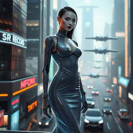 In this captivating image, a woman stands confidently on a ledge overlooking a bustling city street. She is adorned in a sleek, form-fitting dress that accentuates her curves, paired with matching gloves. Her long hair cascades down her back, adding to her striking appearance. The cityscape behind her is alive with activity, featuring a variety of vehicles including cars and trucks. Above the street, five planes soar through the sky, adding a dynamic element to the scene. The buildings lining the street are adorned with vibrant neon signs, casting a colorful glow over the urban landscape. The woman's gaze is directed straight at the camera, exuding a sense of poise and self-assurance.
