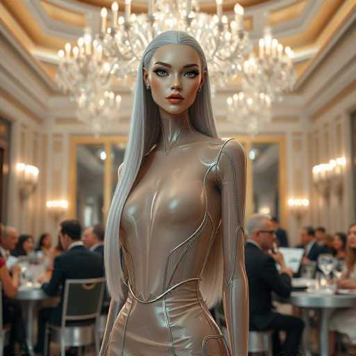 A woman with long blonde hair is standing in a room filled with people and chairs. She is wearing a silver dress that has a futuristic design. The room appears to be a dining area or a social gathering space, as there are several tables and chairs scattered throughout the scene.