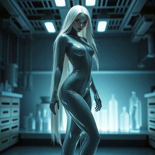 The image depicts a highly detailed, computer-generated scene of a female character standing in a futuristic, laboratory-like environment. The character is adorned in a sleek, form-fitting bodysuit that appears to be made of a transparent, plastic-like material, revealing her body's contours. The bodysuit is predominantly gray with intricate white lines that resemble circuitry or data pathways, giving it a high-tech appearance. Her long, flowing white hair cascades down to her knees, adding a striking contrast to the monochromatic outfit.

The setting around her is illuminated by various light sources, including rectangular ceiling lights and glowing bottles on a table behind her. The room features a gray floor and walls, with white cabinets and drawers on either side, contributing to the sterile, laboratory atmosphere. The overall color palette of the image is dominated by shades of gray, white, and black, enhancing the futuristic and somewhat eerie ambiance.