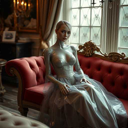 In this captivating image, a woman is seated on a luxurious red velvet couch adorned with intricate gold trim. She is dressed in a striking silver gown that features a sheer, flowing skirt and a form-fitting bodice. The bodice is designed with a bustier-like top, accentuating her figure. Her arms are covered in silver sleeves that extend from her wrists to her shoulders, adding a touch of futuristic elegance to her ensemble. The woman's hair is short and silver, complementing her overall appearance. She gazes directly at the camera with a composed expression, her hands resting gently on her lap. The backdrop is a sophisticated room with a large window framed by elegant curtains, and a chandelier hangs from the ceiling, casting a soft light over the scene.