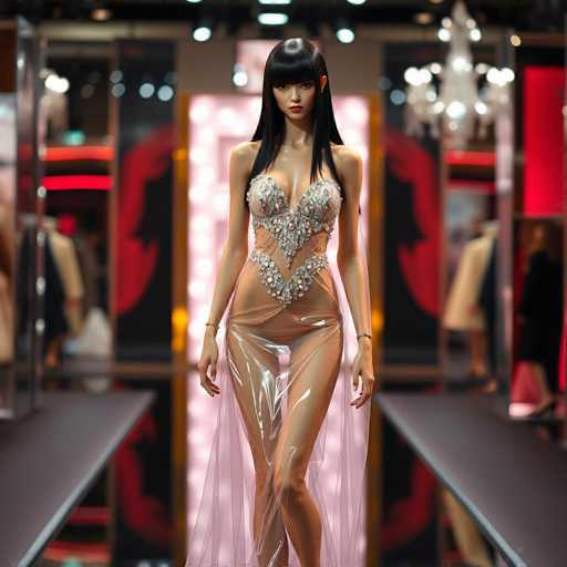 A striking image captures a model striding confidently down a runway, framed by a mirrored backdrop that adds depth and intrigue to the scene. The model, with long black hair cascading down her shoulders, exudes a captivating presence. She is adorned in a sheer, flesh-toned garment that accentuates her figure, paired with a dazzling diamond bra that adds a touch of glamour. A sheer pink overlay gracefully drapes from her waist, flowing elegantly to the floor. The model's facial features are distinctly AI-generated, with an unsettlingly smooth complexion and a slightly distorted nose, adding a surreal element to the image. The background is a blur of red and black hues, with indistinct figures that could be either mannequins or people, adding to the enigmatic atmosphere. A chandelier hangs in the upper right corner, casting a soft light that enhances the overall ambiance of the scene.