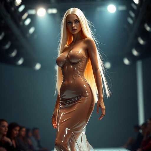 The image depicts a strikingly realistic, computer-generated female figure with long, flowing blonde hair that cascades down to her waist. She is adorned in a form-fitting, brown dress that accentuates her curves, particularly her large breasts and slender waist. The dress features a unique design element around the midsection, where it appears to be wrapped or twisted, adding a dynamic touch to the garment. The figure's skin is exceptionally smooth and tanned, contributing to her overall allure. She has blue eyes and red lips, enhancing her captivating appearance. The background is a dark gray, with a row of spotlights illuminating her from above, creating a dramatic effect. Below the spotlights, a group of people can be seen, though they are blurred and indistinct, emphasizing the focus on the central figure.
