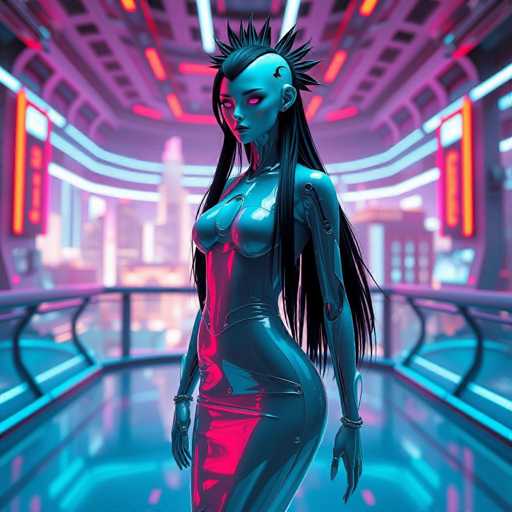The image depicts a highly detailed, computer-generated scene of a futuristic cityscape at night. The background features a blurred skyline illuminated by vibrant neon lights in shades of pink, purple, and blue, creating a striking contrast against the dark sky. In the foreground, a sleek, metallic walkway with a glass railing runs horizontally, bordered by a purple handrail. Standing prominently on this walkway is a female robot with a distinctly cybernetic appearance. Her skin is a metallic blue, and she has long black hair cascading down her back, with a mohawk-like spiky section on top. Her eyes are glowing pink, and she sports a small earring in her left ear. She is dressed in a form-fitting, metallic blue bodysuit that accentuates her curves, complete with gloves and bracelets. The overall scene exudes a strong cyberpunk aesthetic, blending advanced technology with a neon-lit urban environment.