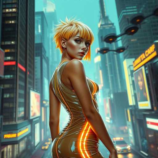 The image depicts a futuristic cityscape with towering skyscrapers that stretch into the sky. The buildings are adorned with numerous billboards and signs, some of which display images of women. In the foreground, a sleek car with its headlights on is parked on the street. The sky is dotted with flying vehicles, adding to the advanced atmosphere of the scene. 

At the center of the image stands a woman with short blonde hair, styled with bangs that frame her face. She is wearing a form-fitting, brown dress that accentuates her figure. The dress features glowing orange stripes that run along the sides and down the back, giving it a futuristic and eye-catching appearance. The woman is posed with her back to the viewer but has turned her head to look over her shoulder, her expression serious and contemplative.