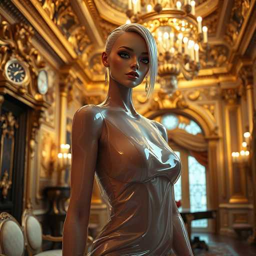 A woman is standing in front of a large window with gold trim and a chandelier hanging from the ceiling. She is wearing a white dress that contrasts with her blonde hair. The room has gold accents throughout, including a clock on the wall above the window and a vase on the table next to it.