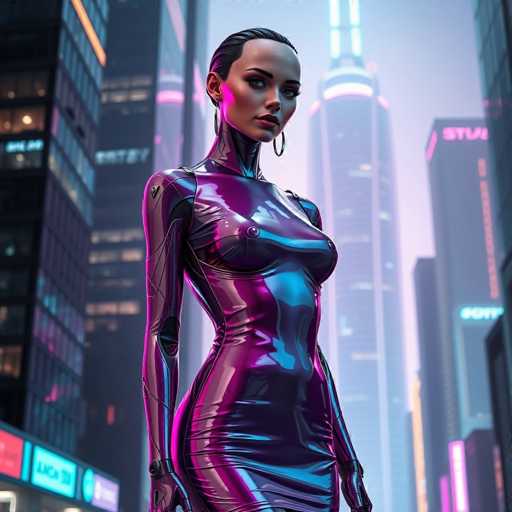 The image depicts a woman wearing a futuristic purple dress and high-tech bodysuit with metallic sheen. She is standing on a street corner surrounded by tall buildings that appear to be illuminated at night. The cityscape in the background features neon lights and skyscrapers reaching towards the sky, creating an urban atmosphere.