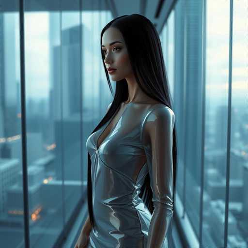 A stunning woman stands in a sleek, modern skyscraper, gazing thoughtfully to the left. She is adorned in a form-fitting, metallic silver dress that accentuates her curves, with sheer sleeves that add an ethereal touch. Her long, dark hair cascades down her back, complementing her fair complexion and striking features. The dress, which features a daring cutout at the back, reveals a hint of her skin, adding to the overall allure of her ensemble. The backdrop of the image is a blurred cityscape, with tall buildings and a sky tinged with blue and white hues, creating a dreamy atmosphere that enhances the woman's captivating presence.