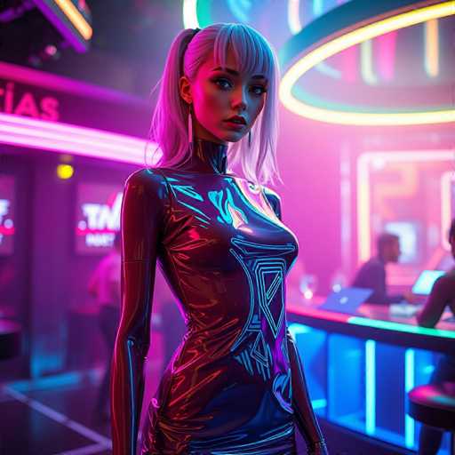 A woman with blonde hair and blue eyes stands confidently in a neon-lit bar, wearing a black leather outfit that includes a high neckline and thigh corset. The background is filled with colorful neon lights and blurred figures of people sitting at tables or standing near the bar area.