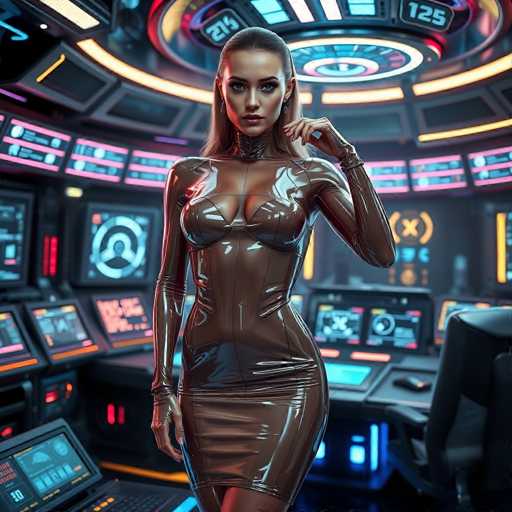 The image depicts a highly detailed, AI-generated scene of a futuristic spaceship's cockpit. The cockpit is filled with an array of advanced technology, including numerous screens displaying various diagrams and maps. The ceiling features a circular design with illuminated lights, adding to the high-tech ambiance. A black chair is positioned in the cockpit, suggesting a pilot's seat.

At the center of the image stands a woman who appears to be AI-generated. She has long, dark hair and is wearing a tight, brown leather dress that accentuates her figure. The dress is form-fitting, highlighting her curves, and she has a bracelet on her left wrist. Her expression is serious, and she gazes directly at the viewer. The overall scene combines elements of science fiction and advanced technology, creating a visually striking and immersive atmosphere.