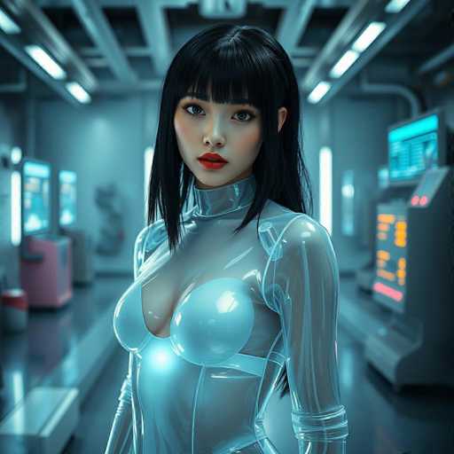 The image depicts a highly realistic, AI-generated scene of a young Asian woman standing in a futuristic, high-tech environment. She has long, straight black hair with bangs that partially cover her forehead, and her striking blue eyes are accentuated by her red lipstick. Her attire is a form-fitting, translucent plastic outfit that extends from her neck down to her thighs, featuring a low neckline that reveals her cleavage. The outfit includes a distinctive white band around her waist and a clear tube on her left shoulder. The background is a gray, metallic room illuminated by fluorescent lights and various pieces of advanced machinery. On the right side, there is a large machine with a blue screen and orange buttons, while the left side features a pink and gray machine with a handle. The overall ambiance suggests a setting reminiscent of a spaceship or a high-tech laboratory.