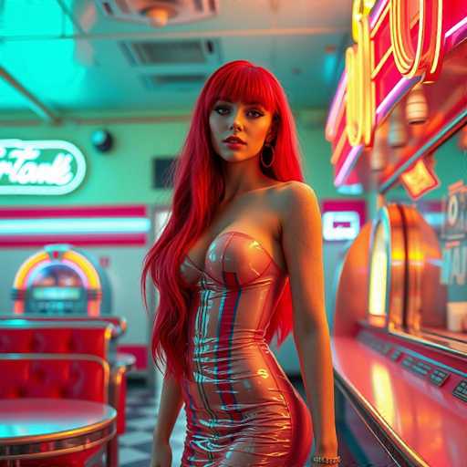 In this vibrant, AI-generated image, a striking woman with long, flowing red hair stands confidently in the foreground of a retro 1950s-style diner. Her hair cascades down to her waist, with bangs framing her face. She is dressed in a form-fitting, shiny pink dress adorned with blue and red stripes running vertically down the front. The dress accentuates her curvaceous figure, particularly highlighting her large breasts and prominent hips. She accessorizes with large hoop earrings and a bracelet on her left wrist, adding to her glamorous appearance.

The diner setting around her is richly detailed, featuring classic red and white booths with chrome trim, and a jukebox in the background. The walls are decorated with neon signs, including one that reads "TANK" and another partially visible sign that might say "TART." The floor is covered in a black and white checkered tile pattern, enhancing the nostalgic ambiance. A red table with a chrome rim is positioned to her right, and a neon-lit drink dispenser stands nearby. The ceiling is white, with visible vents, and the overall scene is bathed in a mix of vibrant colors, giving it a lively and almost surreal quality.