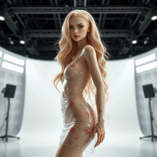 The image depicts a highly realistic, AI-generated female character standing in a studio setting. She has long, wavy blonde hair cascading down to her waist and striking blue eyes. Her skin is a light tan, and she is dressed in a sheer, plastic-like dress adorned with red roses and green leaves. The dress is sleeveless, revealing her arms, and she wears a bracelet on her left wrist. Her pose is slightly turned to the left, with her head facing forward, and her left hand resting on her thigh. The background features a white backdrop with studio lights and speakers on stands, suggesting a professional photo or video shoot environment. The overall composition highlights the character's detailed and lifelike appearance, emphasizing the artificial nature of the image.