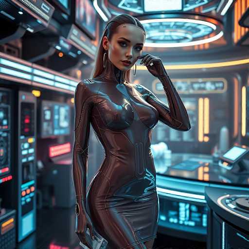 The image depicts a highly realistic, AI-generated scene of a woman standing in a futuristic control room. She is wearing a form-fitting, dark brown leather bodysuit that accentuates her curves, including a noticeable bust line. Her long, straight hair is pulled back, and she has large hoop earrings. The woman's left hand is raised to her face, with her index finger touching her cheek, while her right hand rests by her side, holding an indistinct object. The background is filled with an array of glowing screens, buttons, and panels, all contributing to the high-tech ambiance. The room is illuminated by a circular light fixture on the ceiling, casting a soft glow over the scene. The woman's expression is serious, and she gazes directly at the viewer, adding to the image's striking and somewhat surreal quality.