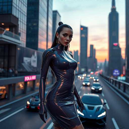 In this AI-generated image, a woman stands confidently on a platform in the middle of a bustling city street. She is dressed in a sleek, black leather dress that accentuates her curvy figure, with long sleeves and a high collar that reaches up to her neck. Her hair is styled in a ponytail, with some strands cascading down her back. She gazes directly at the camera, exuding a sense of strength and poise.

The background features a vibrant cityscape with towering skyscrapers on both sides of the street. The sky is painted in hues of orange and blue, suggesting either a sunrise or sunset. The street is alive with traffic, including a blue car directly behind her and several other vehicles with their headlights on, indicating the flow of evening traffic. The overall scene captures a dynamic urban moment, blending the futuristic elegance of the woman with the energy of city life.