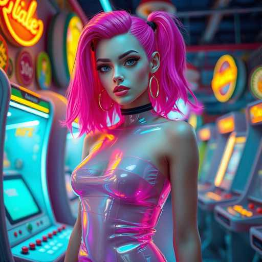 The image depicts a highly detailed, computer-generated female character standing in what appears to be a modern arcade. She has vibrant pink hair styled into two pigtails, with the left pigtail being noticeably longer than the right. Her hair is adorned with a black hair tie, and she sports large gold hoop earrings. The character's face is striking, featuring blue eyes, thick black eyebrows, and pink lips. She is dressed in a sleek, shiny pink dress that accentuates her chest and arms, and she wears a black choker around her neck.

The background is filled with various arcade machines, each illuminated with bright neon lights in colors such as yellow, red, green, and blue. The machines are equipped with buttons and screens, adding to the vibrant and dynamic atmosphere of the arcade. The overall scene is vividly colorful, with the character's pink hair and dress contrasting against the array of neon-lit arcade machines behind her.