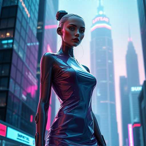 The image depicts a highly detailed, computer-generated scene of a futuristic cityscape at dusk. Dominating the foreground is a striking female figure, possibly a superhero or robot, with a sleek, metallic appearance. She has short, gray hair styled into a bun and is adorned with large hoop earrings. Her face is characterized by dark eyebrows, blue eyes, and red lips. She wears a form-fitting, metallic dress that shimmers with a mix of blue, purple, and pink hues, accentuated by a black belt around her waist. Her arms are also metallic, with visible joints and circular components at the elbows.

The background features a towering skyline of skyscrapers, some with pink and blue lights illuminating their windows. One prominent building in the center has a spire and a sign that reads "LIT" or "LITTE," though the exact text is unclear. The sky transitions from a light blue at the top to a pinkish hue near the horizon, adding to the ethereal atmosphere of the scene. The overall composition suggests a blend of advanced technology and a vibrant, futuristic urban environment.