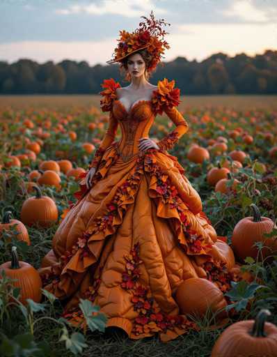 In this captivating photograph, a woman stands gracefully in the middle of a vast pumpkin field, surrounded by an abundance of orange pumpkins. She is adorned in a stunning, elaborate dress that features a rich palette of orange, red, and brown hues. The dress is intricately designed with ruffles and frills, particularly around the shoulders and chest area, where it is low-cut, revealing a hint of cleavage. The dress's voluminous skirt flares out dramatically, creating a striking silhouette against the backdrop of the field.

Her head is crowned with a matching hat that complements her dress, adorned with an array of autumn leaves in shades of orange, red, and brown. The woman's dark hair is elegantly styled, and she wears a pair of earrings that add a touch of sparkle to her ensemble. Her pose is confident and poised, with one hand resting on her hip, exuding a sense of self-assurance and poise.

The setting is serene, with the pumpkin field stretching out behind her, dotted with green leaves and stems. In the distance, a line of trees marks the horizon, their foliage blending into the sky. The sky itself is a mix of blue and white, with clouds scattered across it, adding depth to the scene. The overall composition creates a harmonious blend of natural beauty and refined elegance, capturing a moment of serene splendor.