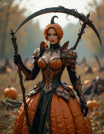 In this captivating image, a woman stands confidently in a pumpkin patch, embodying the essence of Halloween. She is adorned in a striking pumpkin-themed dress that features intricate details. The dress has a fitted bodice with orange and black accents, complemented by black gloves that extend up to her elbows. Her ensemble is completed with a dramatic, voluminous skirt that flares out like a pumpkin, adding a whimsical touch to her look.

Her head is crowned with a pumpkin helmet, topped with a black stem that adds a touch of eerie elegance. She holds a large scythe, its blade resting on her shoulder and the handle gripped firmly in her hand. The scythe is wrapped in brown vines, giving it a mystical and enchanting appearance.

The background is a blurred expanse of orange pumpkins, enhancing the autumnal atmosphere. The woman's striking features—her red hair, red lipstick, and dark eyes—stand out vividly against the muted backdrop. She gazes directly at the camera, exuding a powerful and captivating presence. The overall composition of the image is both eerie and enchanting, perfectly capturing the spirit of Halloween.
