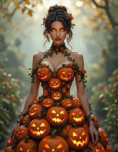 In this captivating image, a woman stands gracefully in a forest setting, surrounded by trees adorned with vibrant orange leaves. She is dressed in a striking, sleeveless gown that features a unique design. The dress is adorned with numerous orange pumpkins, each illuminated from within, casting a warm, glowing light. The pumpkins are intricately arranged to cover her chest, waist, and hips, creating a visually stunning ensemble. 

Her hair is elegantly styled in a bun, with delicate strands framing her face. She wears a choker necklace that complements the theme of her dress, and her eyes are accentuated with dramatic makeup, giving them a glowing appearance. Her lips are painted a bold red, adding a touch of classic beauty to her otherworldly look. 

The woman's hands rest gently on her hips, and she gazes directly at the camera with an air of confidence and mystery. The background is slightly blurred, drawing focus to her and her extraordinary attire. This image beautifully blends elements of nature, fantasy, and fashion, creating a mesmerizing visual experience.