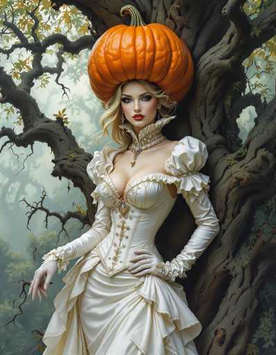 The image depicts a striking, computer-generated woman standing in front of a large, gnarled tree with twisted branches and sparse green leaves. She is dressed in an elaborate, Victorian-style white gown adorned with intricate gold embroidery and lace details. The gown features a high collar that extends up to her neck, puffy sleeves, and a corset-like bodice with lacing. Her long, curly blonde hair cascades down, partially covered by a large, orange pumpkin perched atop her head like a hat. She wears long, dangling earrings and a prominent necklace with a large pendant. The woman's pose is confident, with one hand on her hip and the other hanging by her side. The background is a misty forest with more trees, creating a mysterious and enchanting atmosphere.