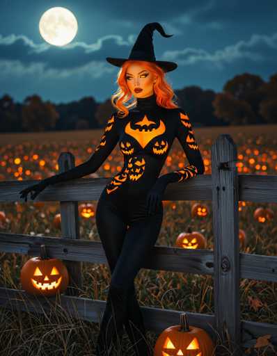 In this captivating Halloween-themed photograph, a striking woman with vibrant orange hair stands confidently in front of a rustic wooden fence. She is adorned in a sleek black bodysuit, complemented by black gloves and a pointed witch's hat. Her outfit is intricately decorated with glowing orange jack-o'-lantern faces, adding a spooky yet enchanting touch. The woman's pose is both elegant and alluring, with one leg crossed over the other and her arms resting on the fence. Her makeup is bold, featuring dark red lipstick and dramatic yellow eyeshadow that accentuates her piercing gaze directed to the right.

The backdrop is a serene field of pumpkins, each illuminated from within by candles, casting a warm, flickering glow that contrasts beautifully with the darkening sky. The scene is framed by a dense line of trees in the distance, their silhouettes barely visible against the night sky. Above, a full moon glows brightly, surrounded by wispy clouds that add to the mystical atmosphere. The grass in the foreground is tall and brown, enhancing the autumnal feel of the image. This detailed composition captures the essence of Halloween, blending the eerie with the enchanting in a visually stunning manner.