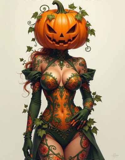 This image features a striking, computer-generated depiction of a woman adorned in an elaborate Halloween costume. The focal point is her pumpkin head, which is intricately designed with carved eyes, a triangular nose, and a jagged mouth, complete with a green stem and vines that extend down her shoulders. Her long, wavy red hair cascades from beneath the pumpkin, adding a vibrant contrast to the scene.

She is dressed in a form-fitting corset that accentuates her figure, with a design that mimics the texture of pumpkin flesh. The corset is predominantly orange with green vines and red flowers intricately woven into the fabric. Complementing this, she wears a matching green skirt that extends to her thighs, adorned with the same floral and vine patterns.

Her ensemble is completed with long, green gloves that reach up to her biceps, also decorated with the same orange and green floral motifs. Her nails are painted a striking orange, echoing the colors of her corset and skirt. The overall effect is a harmonious blend of Halloween and nature-inspired elements, creating a visually captivating and detailed costume.
