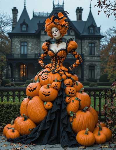 In this captivating photograph, a woman stands poised in front of a grand, Victorian-style mansion, exuding elegance and seasonal charm. She is adorned in a striking, pumpkin-orange dress with intricate black lace detailing. The dress features voluminous puffy sleeves and a corseted bodice, complemented by a high collar that extends into a choker. Her ensemble is completed with matching orange gloves and a dramatic headdress, also in pumpkin-orange, adorned with black lace and accented by a large orange flower.

The dress's voluminous skirt is adorned with numerous jack-o'-lanterns, adding a whimsical touch to her attire. The woman stands with her hands confidently on her hips, her eyes closed, and her head slightly tilted downward, giving her a serene and contemplative expression. Her makeup is bold, with dark red lipstick and heavy eye makeup, enhancing her striking features.

Behind her, the mansion looms with its dark gray roof and stone walls, featuring numerous windows and a balcony. The scene is set in the fall, with trees on either side of the image displaying vibrant autumn foliage. The ground beneath her is paved with stone, and a black metal fence runs along the back of the property, adding to the stately ambiance. The overall composition captures a moment of timeless elegance and seasonal beauty.