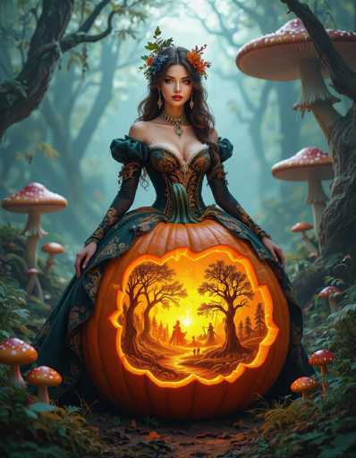 In this captivating fantasy illustration, a woman with long, dark brown hair adorned with flowers and leaves sits gracefully in a lush forest. She wears an elaborate, off-the-shoulder green dress with intricate gold and orange patterns, reminiscent of a corset. Her dress features puffy sleeves and a voluminous skirt that extends to the ground, with her hands resting gently on her knees. 

The woman is positioned in front of a large, intricately carved pumpkin that glows with an orange light. The pumpkin's design depicts a whimsical scene of a princess or queen holding a sword, flanked by two other figures, with trees and a winding path in the background. Surrounding her are numerous large mushrooms with red caps and white spots, adding to the enchanting atmosphere. The forest behind her is filled with tall trees, their green leaves filtering the light, creating a serene and magical setting.
