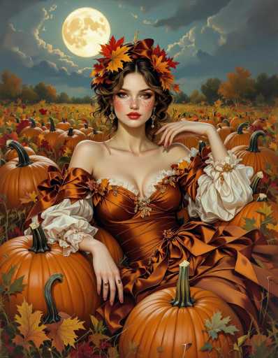 The image depicts a highly detailed, computer-generated or AI-generated painting of a young woman in her early 20s, seated amidst a vast field of pumpkins. She is wearing an elaborate, old-fashioned dress that combines shades of orange, brown, and white, with intricate ruffles and a bustier-style bodice. Her dress features puffy sleeves that extend to her elbows, adorned with orange and white flowers. The woman has fair skin, brown hair styled in curls, and is wearing a headband made of orange and yellow leaves. Her makeup includes red lipstick, freckles, and eye shadow, and she has long, red-painted fingernails. She is adorned with rings on her fingers and dangling earrings. The background showcases a night sky with a large, full moon partially obscured by clouds, and the horizon is lined with trees. The pumpkin field around her is filled with large, orange pumpkins, some of which are decorated with yellow and orange leaves. The overall scene is rich in autumnal colors, creating a vivid and enchanting atmosphere.