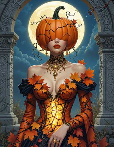 This digital artwork depicts a striking gothic-style woman set against a dark, eerie backdrop. She stands beneath a large, ornate stone archway, with a full moon casting an ethereal glow behind her. The night sky is filled with dark blue clouds, adding to the ominous atmosphere. The woman is adorned in a revealing orange corset with black spiderweb patterns, complemented by a matching choker and necklace. Her dress features intricate orange sleeves with black accents and is decorated with orange maple leaves. Her shoulders are bare, highlighting her pale skin. She wears a pumpkin as a mask, its stem pointing to the right, with black vines and orange maple leaves sprouting from it. Her lips are painted a vivid red, and she wears a ring on her left hand. The overall scene is rich in detail, blending elements of horror and fantasy to create a hauntingly beautiful image.
