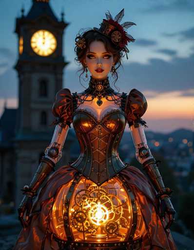 The image depicts a highly detailed, computer-generated scene of a woman standing in front of a clock tower at dusk. The woman is dressed in an elaborate, steampunk-inspired outfit that combines elements of Victorian and futuristic fashion. She wears a corset with a puffy skirt, adorned with gears and lights, and her arms are encased in metal sleeves that extend from her elbows to her wrists. Her dark hair is styled in an updo, and she sports a small top hat decorated with feathers and gears. She has red lipstick and is looking directly at the viewer. The clock tower behind her shows the time as 12 o'clock, and the sky is a mix of blue and gray hues, indicating the sun has just set. The background is slightly blurred, emphasizing the woman as the focal point of the image.