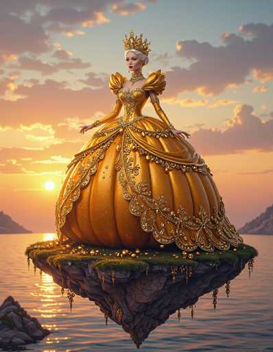 A stunning digital artwork depicts a regal woman standing on a small, floating island. The island, covered in lush green grass, appears to be suspended in mid-air, with its pointed bottom adding to the surreal effect. The woman, adorned in an elaborate gold dress, exudes elegance and royalty. Her dress features a voluminous skirt with intricate gold designs, puffy sleeves, and a fitted bodice. A golden crown sits atop her white hair, which is styled in a bun, and she wears a matching gold necklace. Her red lips and poised stance enhance her majestic appearance.

The background showcases a serene body of water, with the sun setting on the left side of the image, casting a warm glow across the scene. The sky is a blend of blue and gray hues, dotted with clouds that catch the sun's final rays, adding depth and atmosphere to the composition. The overall image is a harmonious blend of colors and elements, creating a captivating and ethereal visual experience.