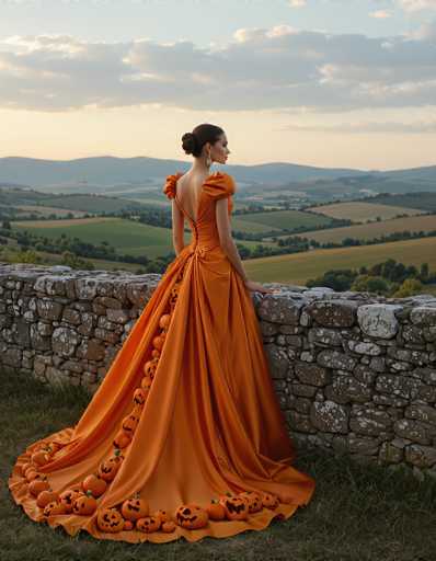 In this captivating image, a woman stands gracefully on a grassy area, leaning against a rustic stone wall. She is adorned in a stunning orange dress with a low-cut back and puffy sleeves, which elegantly flows to the ground. The dress features a unique design element at the bottom, where a series of pumpkins are meticulously arranged, creating a whimsical and eye-catching detail. The woman's dark hair is styled in a neat bun, and she wears a single earring that adds a touch of sophistication to her ensemble. She gazes thoughtfully to the right, her expression serene and contemplative. The backdrop is a breathtaking landscape of rolling hills and distant mountains, with the sky painted in soft hues of light blue and pink, suggesting either dawn or dusk. The scene is bathed in a gentle, warm light, enhancing the ethereal quality of the moment.