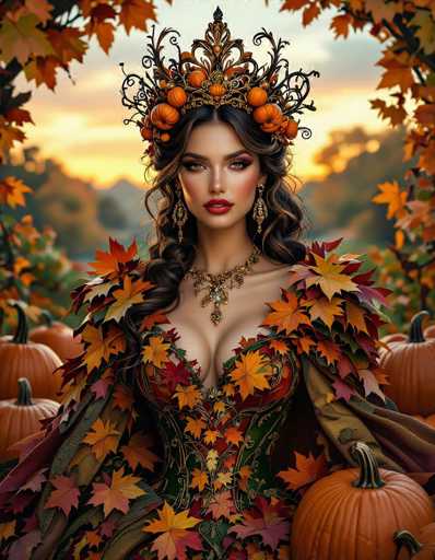 This image is a highly detailed, computer-generated illustration of a young woman, likely in her 20s, with long, curly brown hair. She is adorned in an elaborate, autumn-themed outfit that features a green corset-like dress with a low-cut neckline, revealing a significant amount of cleavage. Her attire is intricately decorated with orange and yellow leaves, as well as numerous pumpkins, particularly around her shoulders and chest. She wears a striking, ornate crown made of gold and black metal, embellished with orange pumpkins and possibly acorns. Her accessories include long, dangling earrings and a large, elaborate necklace with a prominent pendant. The background showcases a serene autumnal landscape with trees and a sky painted in hues of yellow, orange, and blue, suggesting either sunrise or sunset. The overall scene is rich in fall colors, with orange, yellow, and green leaves scattered throughout, creating a vivid and festive atmosphere.