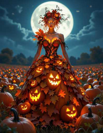 This digital illustration depicts a striking woman standing in the middle of a vast pumpkin field at night. The scene is illuminated by a full moon, casting a soft glow over the landscape. The woman, who has pale skin and vibrant red hair adorned with flowers, wears a dress that combines elements of a corset and a ball gown. Her dress is intricately designed with orange and yellow jack-o'-lanterns, orange leaves, and green vines, giving it a festive autumnal appearance. The dress features a sweetheart neckline and is strapless, with the corset portion embellished with orange and yellow flowers. Her eyes are glowing a vivid yellow, adding an eerie touch to her otherwise serene expression. Surrounding her are numerous jack-o'-lanterns, some glowing and others dark, scattered across the pumpkin field. The background is slightly blurred, emphasizing the woman and the pumpkins in the foreground. The sky is a deep blue, dotted with clouds, enhancing the spooky yet enchanting atmosphere of the scene.