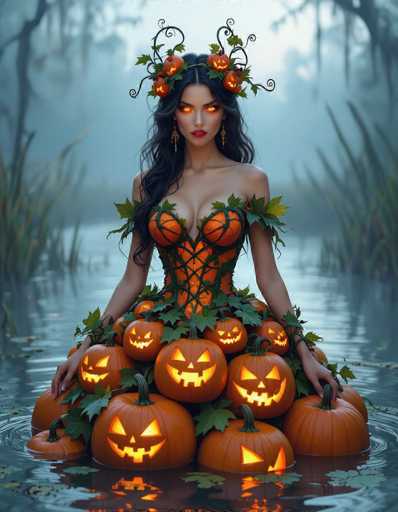 A striking, computer-generated image depicts a woman with long, dark hair and piercing, glowing orange eyes. She is adorned in a corset-like top, intricately designed with orange and green hues, and decorated with carved pumpkins. Her ensemble is complemented by a headdress featuring more pumpkins and green vines. The woman stands serenely in a pond, surrounded by floating pumpkins and lush greenery. Her lips are painted a vivid red, and she wears long, dangling earrings. The background is a misty, foggy landscape with tall trees, adding to the eerie, yet captivating atmosphere of the scene.