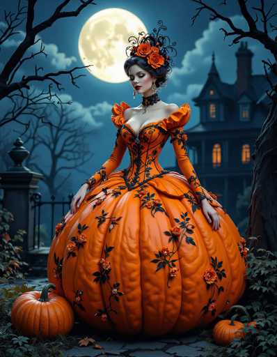 The image depicts a strikingly detailed, computer-generated scene of a woman in a grand, orange ball gown adorned with intricate black and red floral patterns. The dress, reminiscent of a corset, features a voluminous skirt that resembles a pumpkin, complete with two smaller pumpkins at her feet. Her black hair is elegantly styled into a bun, accentuated by a black headpiece with orange flowers. The woman stands in a front yard, framed by bare trees and a black metal fence, with a large, glowing full moon casting a silvery light over the scene. Behind her looms a dark, Victorian-style house with lit windows, adding to the eerie ambiance. The overall color palette includes shades of orange, black, red, blue, and gray, enhancing the gothic and mysterious atmosphere of the image.