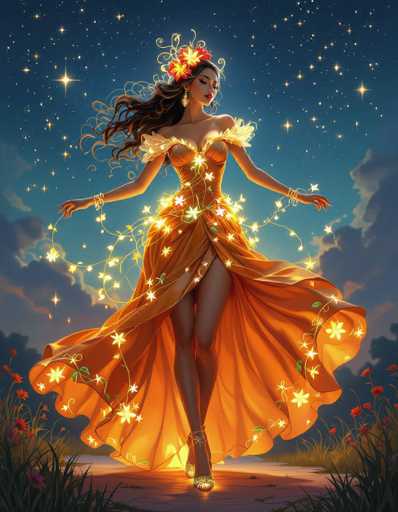 In this captivating digital artwork, a woman stands gracefully on a stone pathway, surrounded by tall grasses and vibrant red flowers. She is adorned in a stunning orange dress that features a high slit, revealing her legs, and is embellished with intricate white flowers and golden star-like accents. The dress has a low-cut neckline and short sleeves, with delicate white frills around the shoulders. Her long, dark brown hair cascades down her back, and she wears a headpiece adorned with red and yellow flowers, complemented by dangling earrings. Her eyes are closed, and her head is tilted to the right, exuding a serene and ethereal aura. She wears high heels that are also orange, with golden accents. The background is a mesmerizing night sky filled with stars, transitioning from a deep blue at the top to a lighter hue near the horizon, where fluffy clouds add depth to the scene. The overall composition is rich in detail and color, creating a magical and enchanting atmosphere.