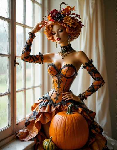 The image depicts a highly detailed, AI-generated or 3D-rendered woman seated on a windowsill, facing the camera. She is adorned in an elaborate, Halloween-themed outfit that combines elements of a corset and a ball gown. The corset is orange with black lacing and frills, while the skirt features a mix of orange and black ruffles. Her arms are covered in black lace sleeves, and she wears a thick, black choker necklace with gold accents. Her hair is styled in a short, curly bob, and she sports a vibrant, multi-colored floral headdress in shades of orange, red, black, and yellow. She has red lipstick and dangling earrings, adding to her striking appearance. In front of her, on the windowsill, sits a large orange pumpkin with a green stem, accompanied by a smaller green and yellow pumpkin. The background includes a white curtain and a window with a white frame, through which daylight streams in, illuminating the scene.
