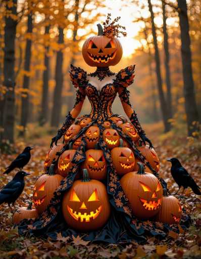 In this captivating Halloween-themed image, a woman stands gracefully in the midst of a dense forest, surrounded by tall trees adorned with vibrant orange leaves. The ground is carpeted with fallen leaves, adding to the autumnal atmosphere. The woman is dressed in an elaborate, gothic-inspired gown that features a striking palette of orange and black. Her dress is intricately designed with puffy sleeves and a corset-like bodice, complemented by a long, flowing skirt. 

What makes this image particularly eerie and enchanting is that the woman's head is replaced by a large, illuminated jack-o'-lantern, complete with menacing eyes, a jagged mouth, and a green stem. The pumpkin head is further adorned with a decorative leafy crown. 

Adding to the spooky ambiance, several smaller jack-o'-lanterns are scattered around her dress, each glowing with an eerie light. The scene is completed by the presence of three black crows: one perched on her left hip, another on her right hip, and the third on the ground to her right. The overall effect is a hauntingly beautiful portrayal of Halloween spirit in a serene forest setting.