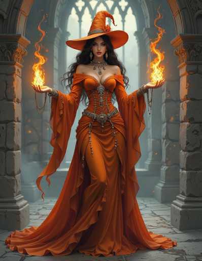 The image depicts a striking, AI-generated witch standing in the grand archways of a stone castle. She is adorned in a vibrant orange dress with a corset-like bodice and a flowing skirt that extends to the floor. Her outfit is accentuated by a silver belt with a large buckle and a matching choker necklace. The witch's wide-brimmed, orange hat features a silver band and a red flower, complementing her long, dark brown hair. She wears dangling earrings and has a serious expression on her face. Both of her hands are outstretched, palms up, with flames emanating from them, adding a mystical aura to her presence. The background is slightly blurred, emphasizing the witch's detailed and dramatic appearance.