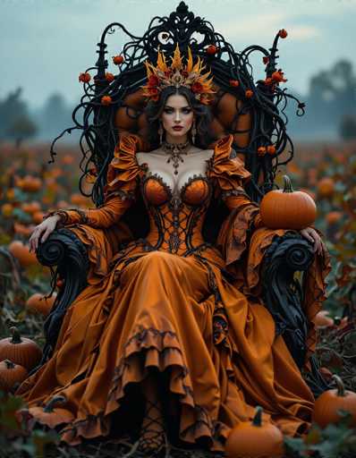 In this captivating image, a woman is seated on a grand, throne-like chair adorned with intricate black vines and orange pumpkins. She wears an elaborate, orange dress with black accents, featuring a corset-like bodice and voluminous sleeves. Her dress is complemented by a striking, spiky crown decorated with orange and red roses, adding to her regal appearance. The woman, with long black hair cascading down her shoulders, has a serious expression and wears red lipstick. Her hands rest gracefully on the arms of the chair, which are also black and adorned with pumpkins. The background reveals a vast field of orange pumpkins stretching to the horizon, with trees visible in the distance. The sky above is a muted gray, enhancing the eerie, yet majestic atmosphere of the scene.