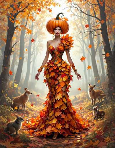 In this detailed digital illustration, a woman stands gracefully in the center of a serene autumn forest. She is adorned in a stunning dress made entirely of vibrant orange, yellow, and red leaves, with a matching leafy shoulder piece. Her head is crowned with a large, orange pumpkin featuring a green stem. The woman's pale skin contrasts beautifully with her elaborate attire, and she wears long, dangling earrings. Her arms are adorned with leafy bracelets, and her dress flares out at the bottom, creating a dramatic silhouette. Surrounding her are three foxes: one on the left, one on the right, and a smaller one in the bottom right corner. The forest floor is carpeted with fallen leaves, and the trees in the background are a mix of brown and gray, their foliage also in shades of orange and yellow. The scene is bathed in a soft, white light that filters through the trees, enhancing the tranquil and magical atmosphere of the autumn setting.