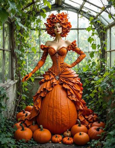 In this captivating image, a woman stands gracefully in the center of a lush greenhouse, surrounded by an abundance of greenery and vibrant orange pumpkins. She is adorned in a striking, pumpkin-orange dress that features intricate black webbing patterns and ruffles cascading from her shoulders to her waist. The dress is form-fitting, accentuating her figure, and transitions into a voluminous skirt that resembles a giant pumpkin, complete with a stem-like protrusion at the front. Her ensemble is complemented by long, orange gloves that extend to her elbows, and a matching headdress adorned with large, orange flowers. The woman's makeup is bold, with dark eyeshadow and red lipstick, and she gazes directly at the camera with a serene expression. The greenhouse around her is filled with green vines and leaves, and the floor is scattered with numerous orange pumpkins, enhancing the autumnal atmosphere. The overall scene is a harmonious blend of natural elements and artistic fashion, creating a visually stunning and detailed composition.
