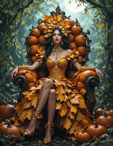 In this captivating image, a woman is seated majestically on a throne-like chair, which is intricately adorned with pumpkins and autumn leaves. She exudes regal elegance, dressed in a stunning orange gown that features a low-cut neckline and a voluminous skirt made of autumn leaves. Her ensemble is complemented by gold high heels, gold leaf anklets, and a gold choker necklace. Her long, dark hair cascades down her shoulders, and she wears a crown made of autumn leaves and pumpkins, enhancing her kingly appearance. The chair she sits on is also decorated with pumpkins and autumn leaves, adding to the seasonal theme. Surrounding her are numerous pumpkins scattered on the ground, and the background reveals a lush forest with trees and leaves, creating a serene and enchanting atmosphere. The woman gazes directly at the camera with a composed expression, embodying the essence of autumn royalty.