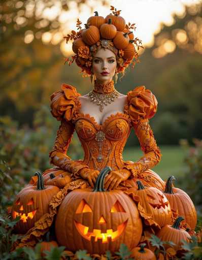 In this captivating image, a woman is seated gracefully amidst a sea of glowing jack-o'-lanterns, each one radiating a warm, yellow light from within. She is adorned in a stunning orange dress with intricate ruffles and puffy sleeves, complemented by matching orange gloves. Her ensemble is accentuated by a large, ornate necklace that sits elegantly around her neck. The woman's hair is styled into a voluminous, elaborate updo, adorned with an array of orange pumpkins and autumn leaves, adding a whimsical touch to her appearance. Her makeup is striking, with bold red lipstick and carefully applied eye makeup, enhancing her poised and regal demeanor. The background is a soft blur of green trees, creating a serene and enchanting atmosphere that perfectly complements the festive scene.