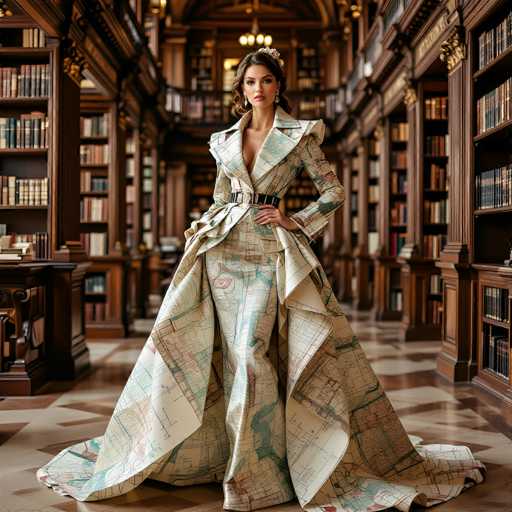 In this captivating photograph, a woman stands gracefully in the center of an expansive, multi-level library. The library's architecture is characterized by its numerous wooden bookcases, each brimming with an extensive collection of books. The library's grandeur is accentuated by its high ceilings and the intricate design of the wooden bookcases, which feature ornate gold accents at their tops.

The woman is adorned in a striking, floor-length gown that appears to be inspired by a map. The dress is predominantly white, adorned with intricate patterns in shades of blue, red, and green, resembling the layout of streets and buildings on a map. The gown's design includes a dramatic slit that extends up to her chest, revealing a glimpse of her skin. A black belt cinches her waist, adding contrast to the dress's light hues.

Her dark hair is elegantly styled, and she wears a delicate flower in her hair, complementing her sophisticated look. She accessorizes with long, dangling earrings that add a touch of elegance to her ensemble. The woman's pose is confident and poised, with one hand resting on her hip, exuding an air of self-assurance and grace.