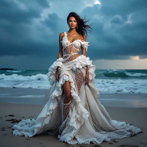 A striking photograph captures a woman standing on a beach, exuding elegance and grace. She is adorned in a unique white dress that features a fishnet overlay, adding a touch of allure to her ensemble. The dress is intricately designed with ruffles and frills, particularly around the shoulders and waist, creating a voluminous silhouette. The fishnet material extends from her chest down to her knees, where it transitions into a flowing skirt that fans out around her feet. The woman's long, dark hair cascades down her back, complementing her dark skin and the delicate earrings that dangle from her ears. She gazes directly at the camera, her expression serene and composed. The backdrop is a dramatic, stormy sky filled with dark, brooding clouds, with only a hint of sunlight peeking through. The ocean behind her is equally tumultuous, with waves crashing against the shore, adding to the moody atmosphere of the scene.