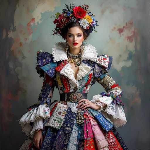 This image features a young woman, likely in her early 20s, with a striking appearance. She has dark hair styled in an elaborate updo, adorned with a vibrant array of flowers in shades of red, yellow, blue, and white. Her makeup is bold, with dark eyeshadow, long eyelashes, and bright red lipstick that accentuates her full lips. She wears long, dangling earrings that add to her elegant look.

Her attire is a stunning, multicolored dress reminiscent of Victorian fashion. The dress is intricately designed with a mix of blue, red, yellow, and white patterns, featuring a prominent white collar and a deep V-neckline. The dress is cinched at the waist with a black belt, and the voluminous skirt flares out dramatically, adorned with ruffles and lace at the bottom. The sleeves are puffy and decorated with floral patterns, adding to the dress's ornate design.

The woman stands against a backdrop that appears to be a watercolor painting, blending hues of blue, pink, and gray, which complements the overall aesthetic of the image. Her pose is poised and graceful, with her hands resting gently at her sides, exuding a sense of confidence and poise.